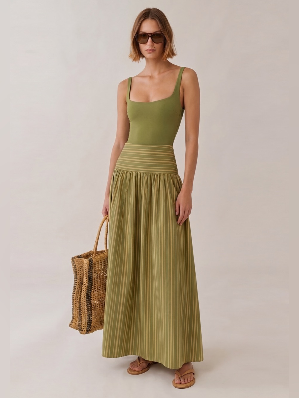CAARA Green Striped Size 12 Vashti Cotton Blend Long Skirt Few Moda